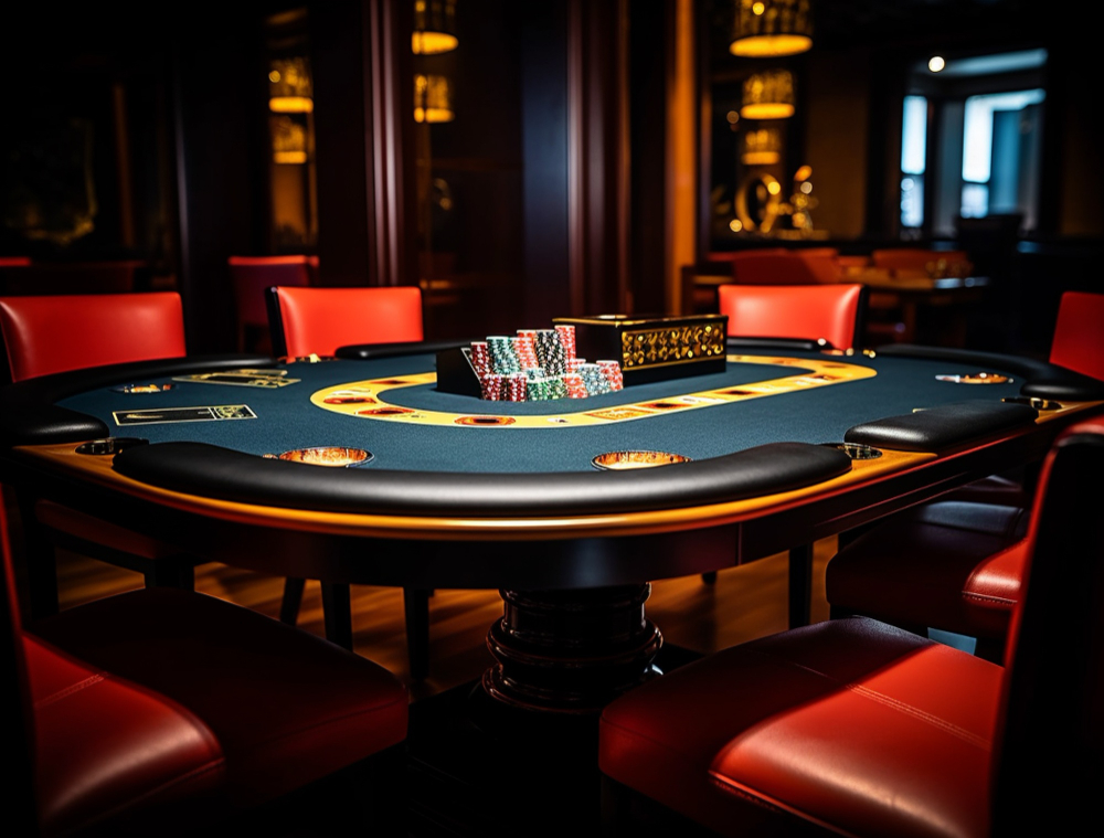 Empty card table at a casino surrounded by chairs